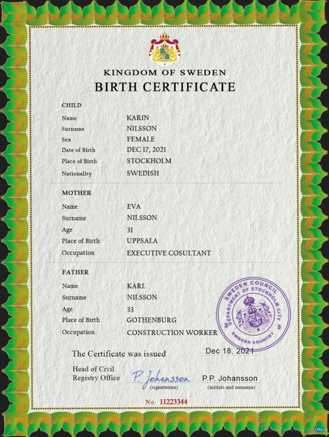 Download Sweden vital record birth certificate PSD template, fully editable Photoshop template